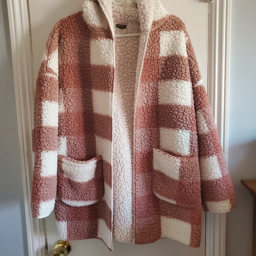 Angel Cult Oversized Plaid Fleece cardigan w/ Hood Size S LoungeWear Cozy
